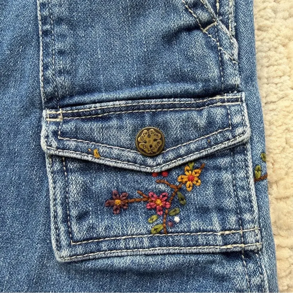 Vintage OshKosh B’gosh Girls Denim Jumper Overall Dress Embroidered Flowers 4T